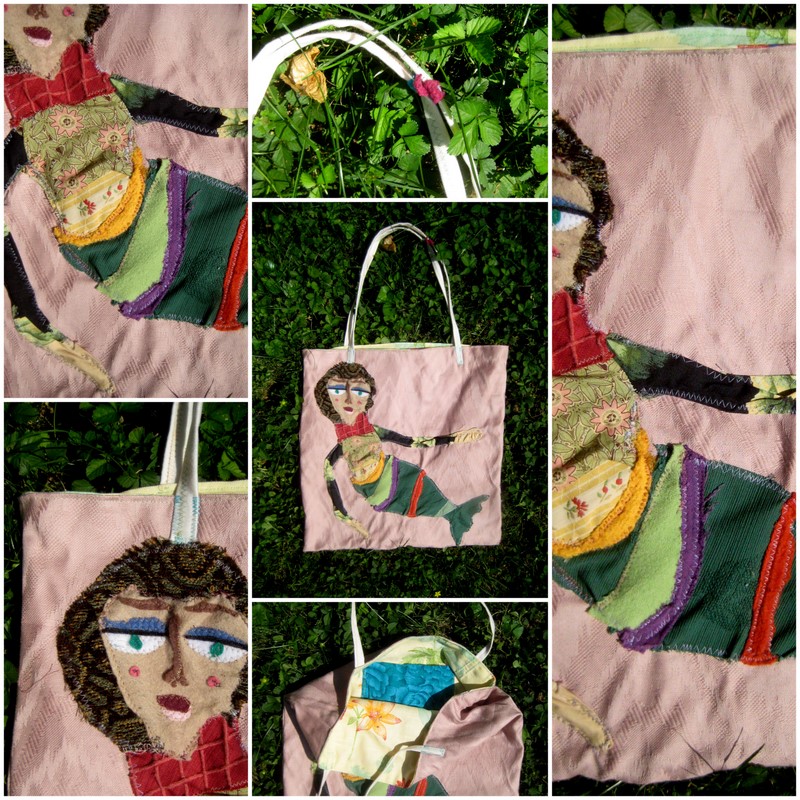 Razblint - The Disinterested Mermaid Tote Bag - Red Gold Green on Rose