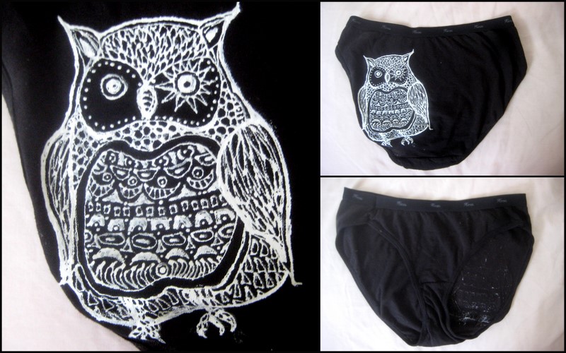 Another drawn underwear, this time a woodcut white owl on black cotton.