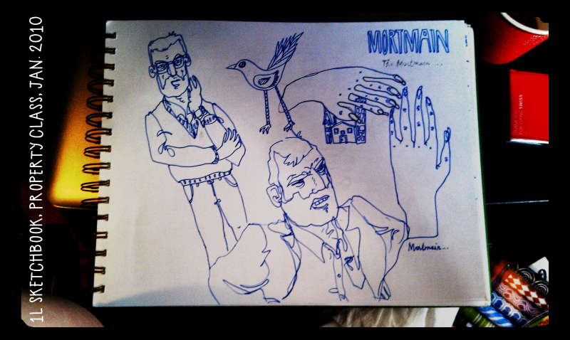 LAW school sketchbook - razblint- margaret hagan - property class notebook - mortmain