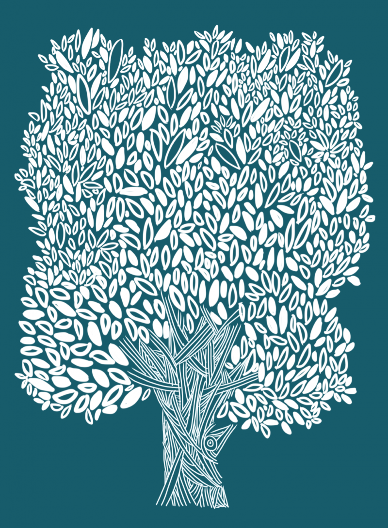 Tree drawing - white on dark teal