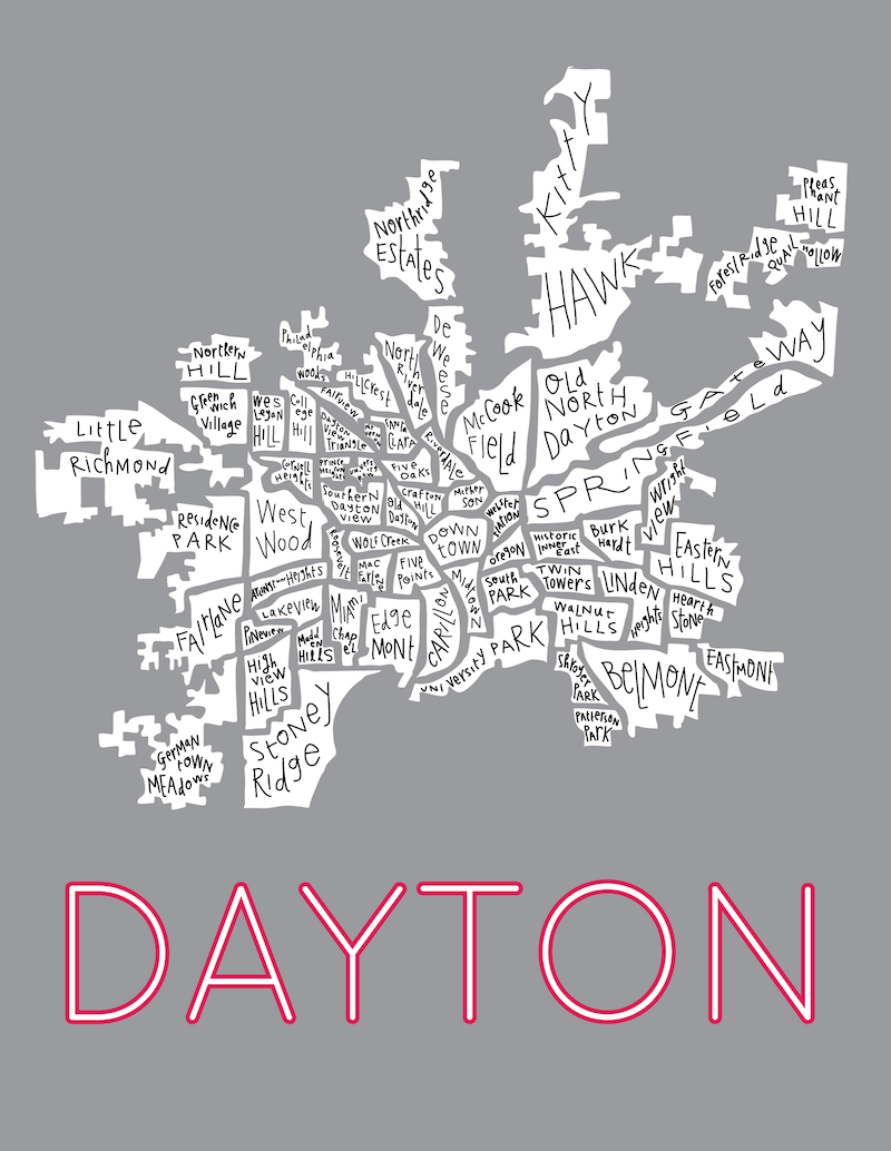 Dayton on dark grey with red letters - by Margaret Hagan