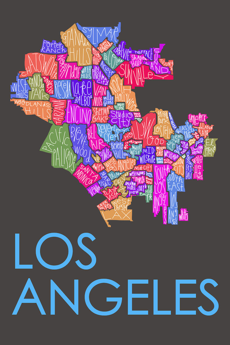 Los Angeles Map - dark map multi white text small