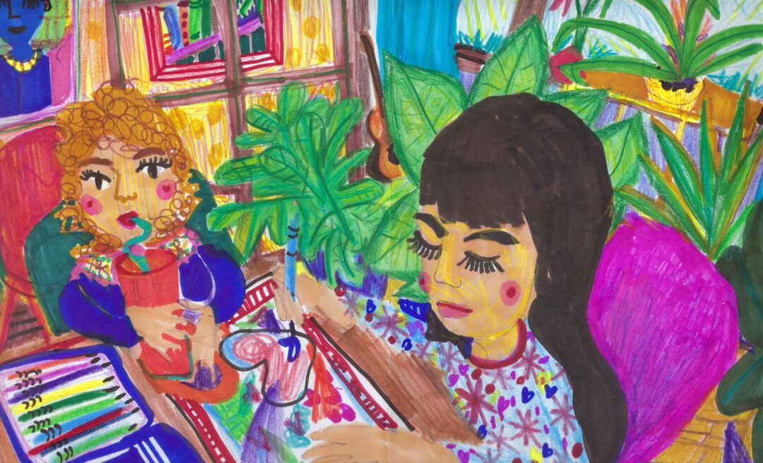 2 girls at a drawing party